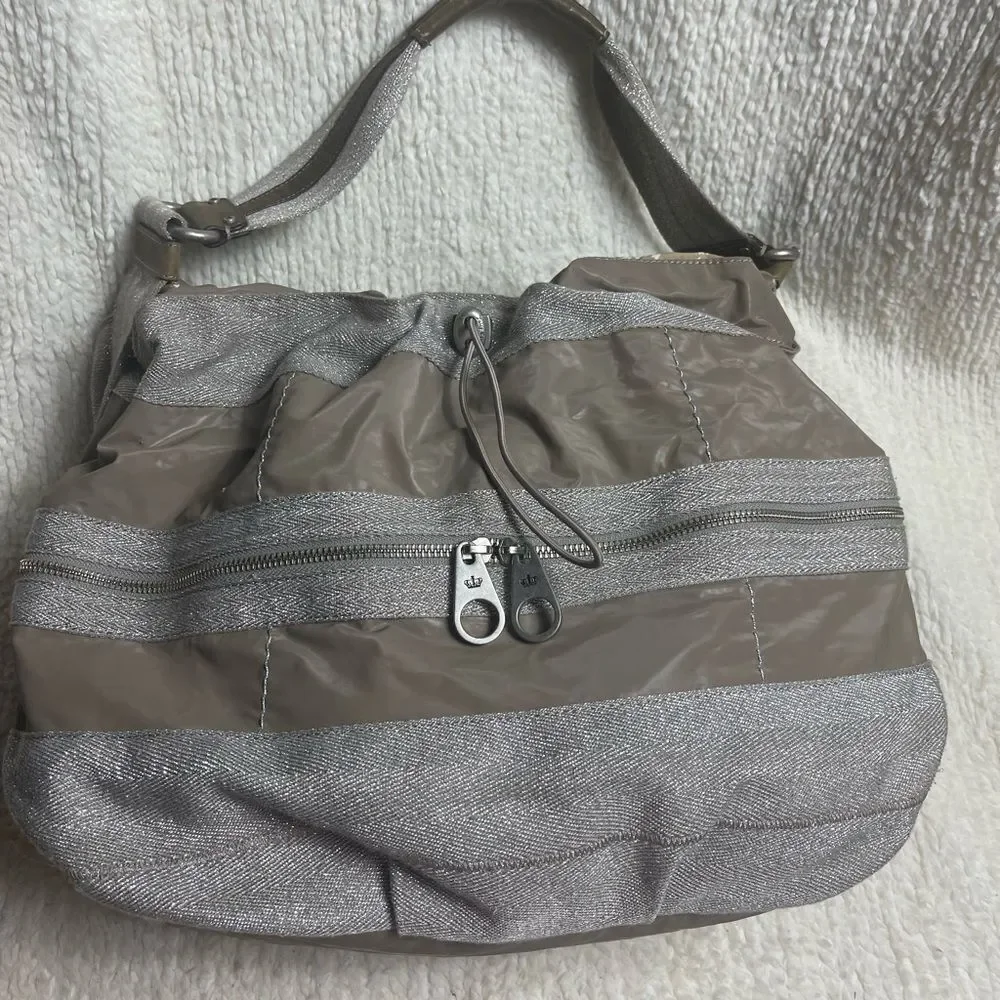 Juicy Couture Nylon taupe & cotton silver shimmery hobo bag leather strap